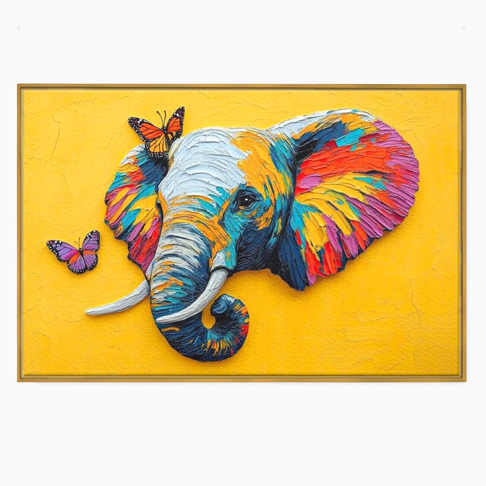 Tablou canvas cu tablou canvas cu elefant colorat si fluturi, in rama de aluminiu auriu